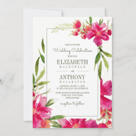 Convite Casamento Romântico de Fuchsia Verde Floral Waterc