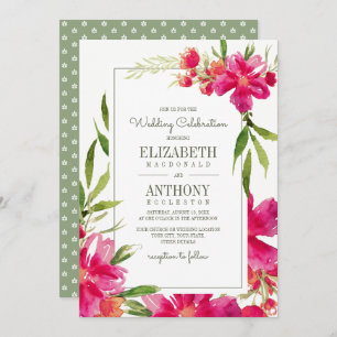 Convite Casamento Romântico de Fuchsia Verde Floral Waterc