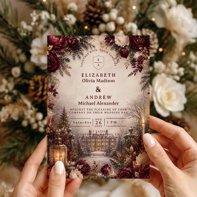 Convite Casamento Romântico de Inverno em Borgonha (Criador carregado)