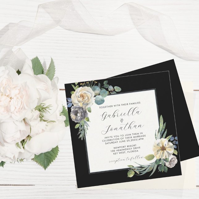 Convite Casamento Romântico de Ivory Floral Black Watercol (Criador carregado)