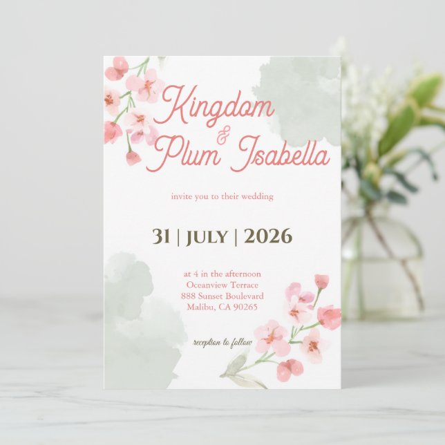 Convite Casamento Romântico de Jardim com Flora de Primave (Em pé/Frente)
