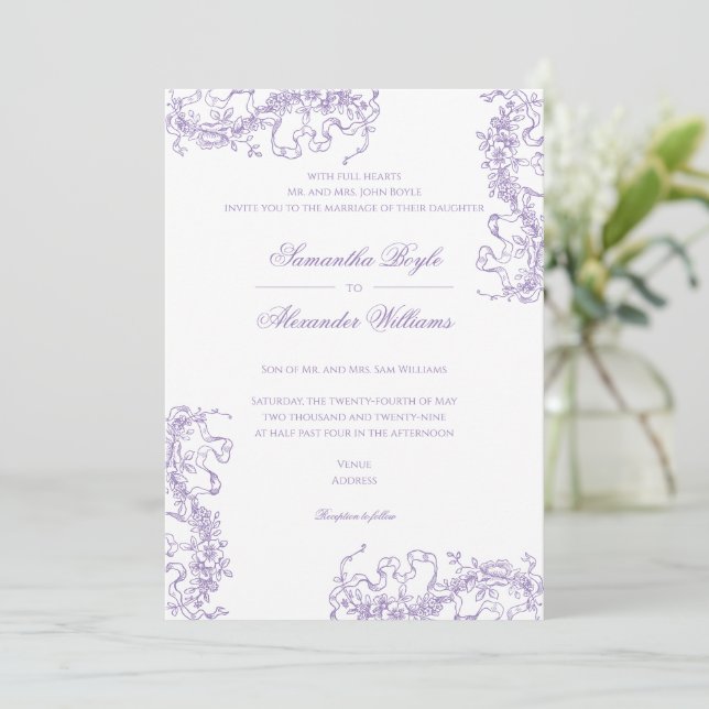 Convite Casamento Romântico de Lavanda Floral Francesa Roc (Em pé/Frente)