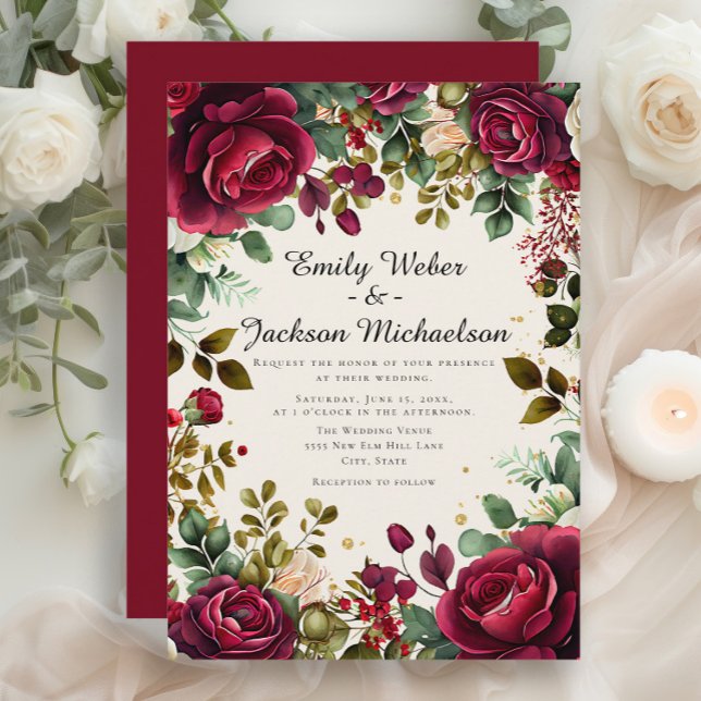 Convite Casamento Romântico de Luxo Floral de Borgonha (Elegant red burgundy roses and greenery wedding invitation)