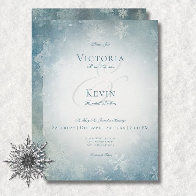 Convite Casamento Romântico de Neve Azul e Branco (Romantic Falling Snow Blue & White Wedding Invitation)