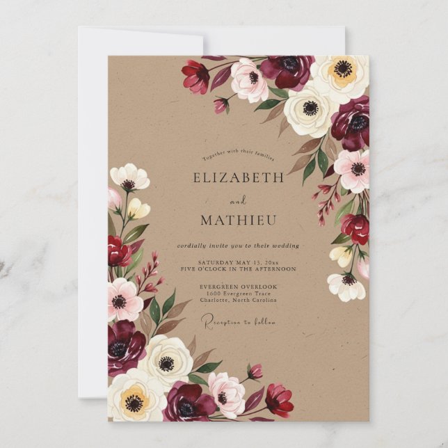 Convite Casamento Romântico de Outono com Floral Borgonha (Frente)