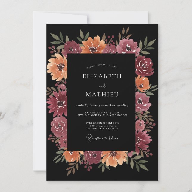 Convite Casamento Romântico de Outono com Floral Borgonha (Frente)