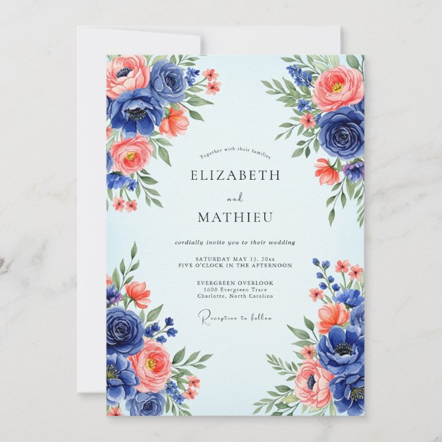 Convite Casamento Romântico de Primavera Azul Marinho (Frente)