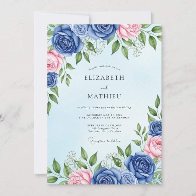 Convite Casamento Romântico de Primavera Azul Real (Frente)
