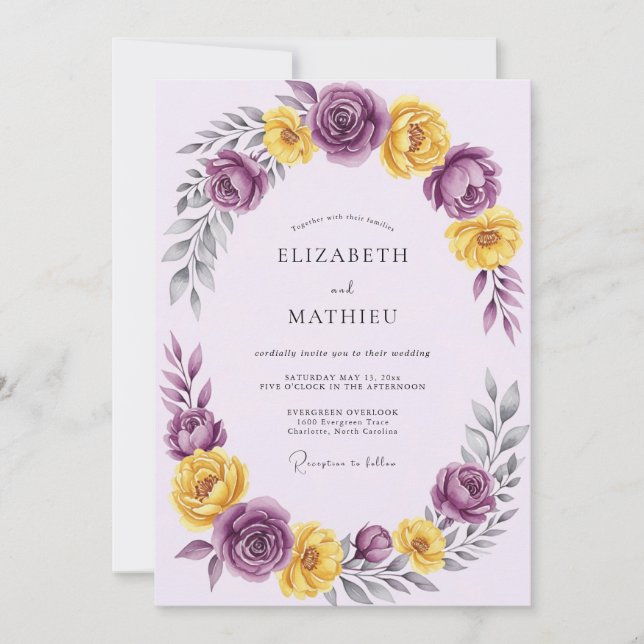 Convite Casamento Romântico de Primavera com Amarelo Roxo (Frente)