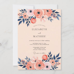 Convite Casamento Romântico de Primavera com Azul Naval e 