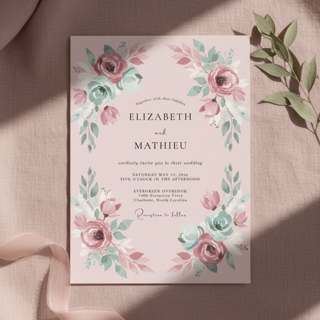 Convite Casamento Romântico de Primavera com Bege Rosado e (Criador carregado)