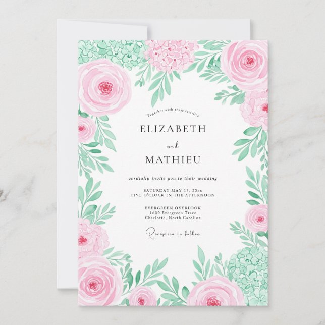 Convite Casamento Romântico de Primavera com Florais Rosa (Frente)