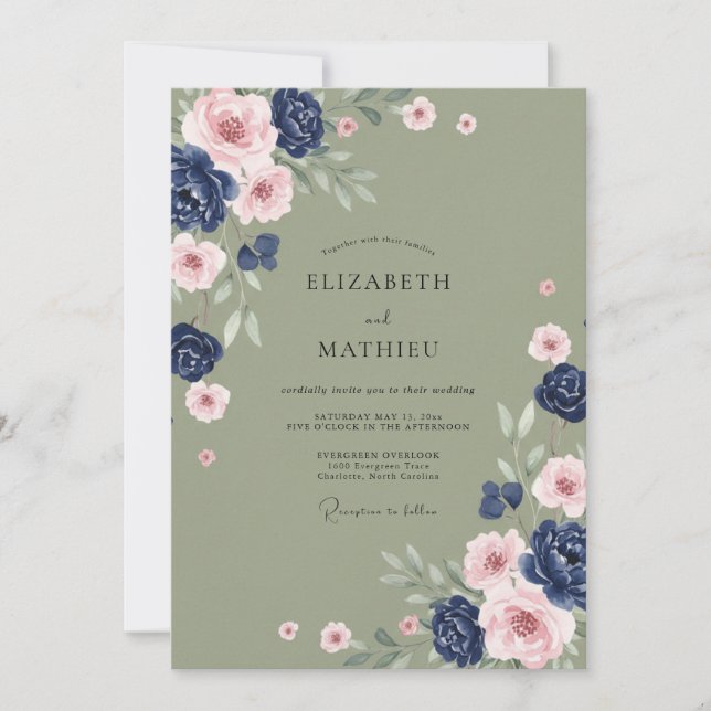 Convite Casamento Romântico de Primavera com Floral Azul M (Frente)