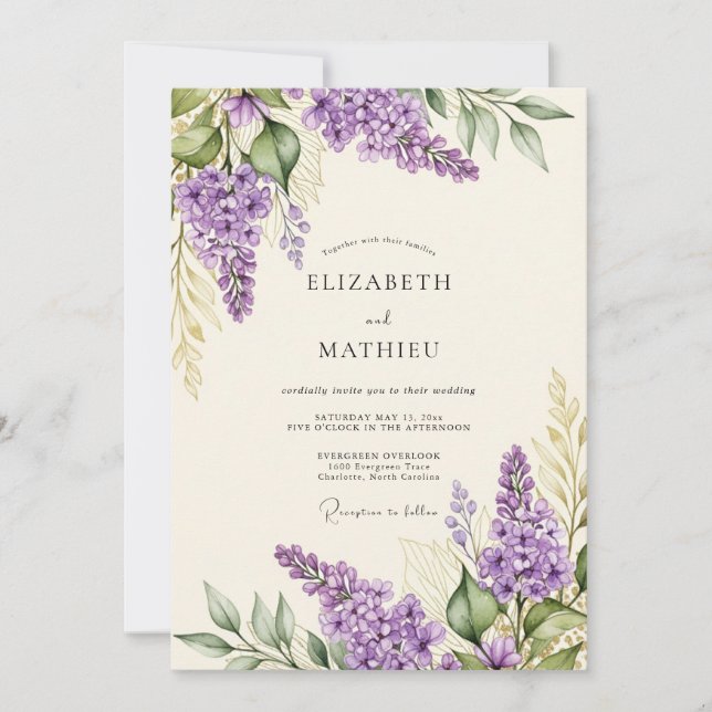 Convite Casamento Romântico de Primavera com Lilás (Frente)