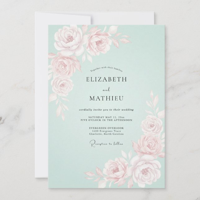 Convite Casamento Romântico de Primavera com Rosa Hortelã (Frente)