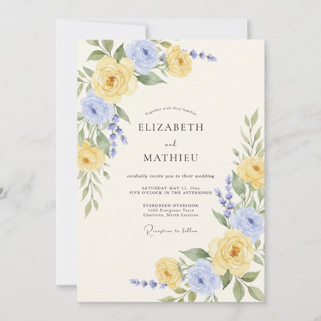 Convite Casamento Romântico de Primavera em Azul Centáurea (Frente)