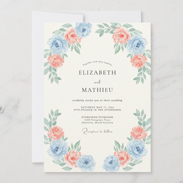 Convite Casamento Romântico de Primavera em Azul Claro e P (Frente)