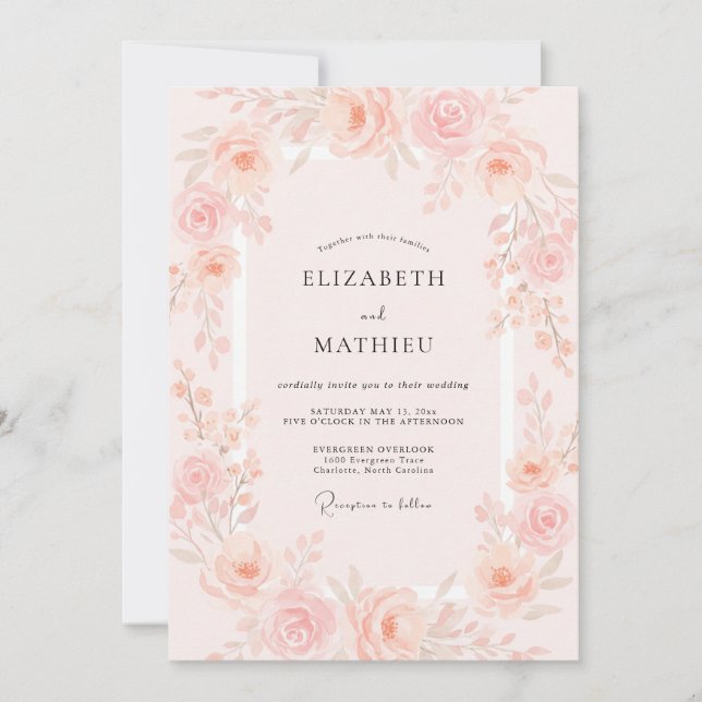 Convite Casamento Romântico de Primavera Rosa Corado (Frente)