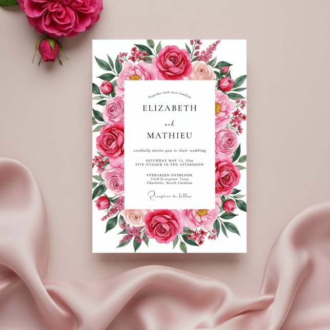 Convite Casamento Romântico de Primavera Rosa Fúcsia (Criador carregado)