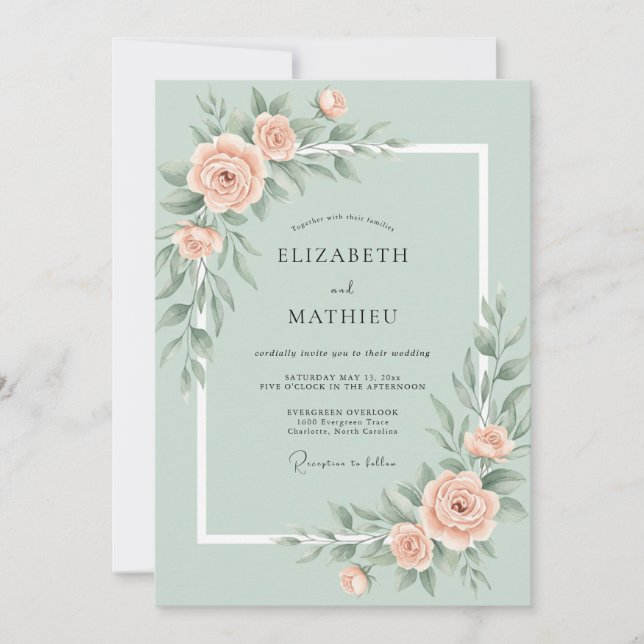 Convite Casamento Romântico de Rosa Verde Hortelã (Frente)