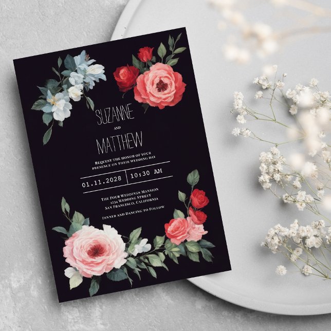 Convite Casamento romântico de rosas pretas vermelhas rosa (Elegant black red pink blue roses romantic Wedding)