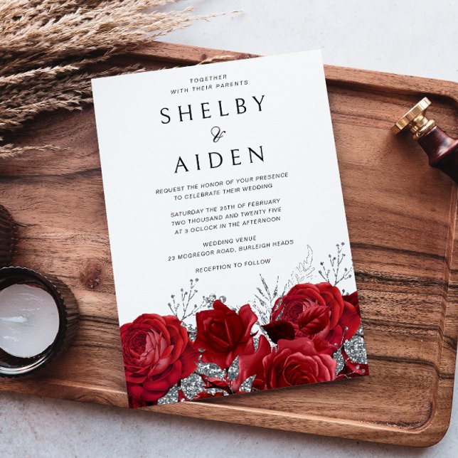 Convite Casamento Romântico de Rosas vermelhas e Prata (Criador carregado)