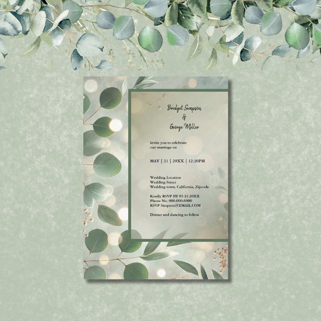 Convite Casamento Romântico de Sage Verde Eucalyptus (Criador carregado)