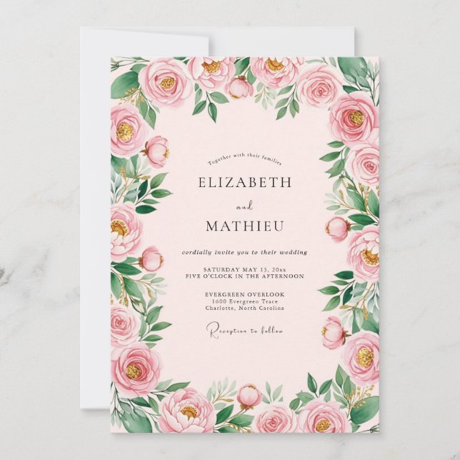 Convite Casamento Romântico Delicado Rosa Bege (Frente)