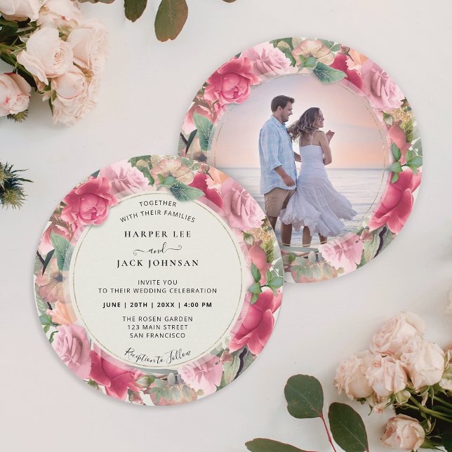 Convite Casamento Romântico do Círculo de Fotografia Flora (Romantic Blush Pink Floral Photo Circle Wedding Invitation)