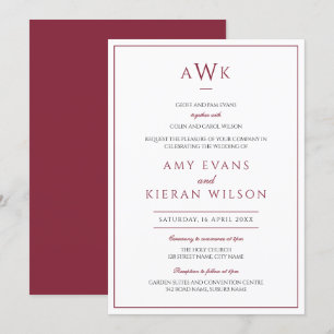 Convite Casamento Romântico do Monograma Clássico Burgundy