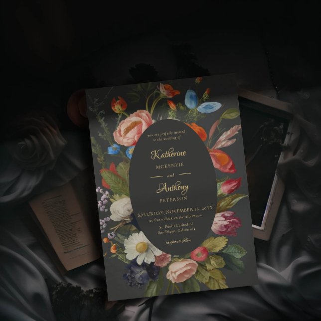 Convite Casamento Romântico dos Reds Góticos Floral Dark (moody romantic wedding invitation red blue floral frame painting dutch masters elegant gothic dark)