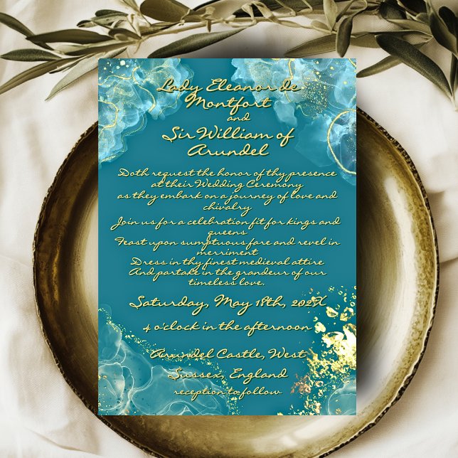 Convite Casamento Romântico Dourado de Teal Marble Fantasy (Romantic Gold Teal Marble Fantasy Wedding Invitation)