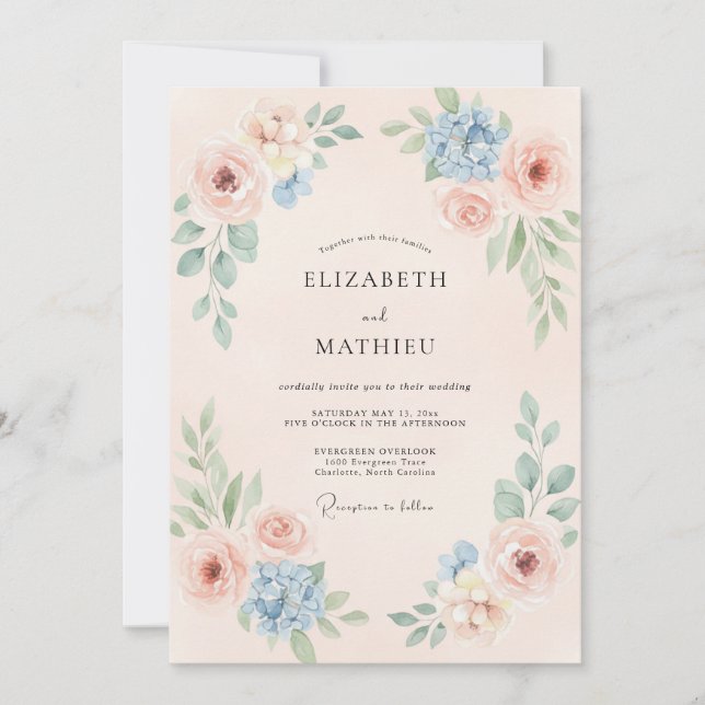 Convite Casamento Romântico e Elegante com Tons de Pêssego (Frente)