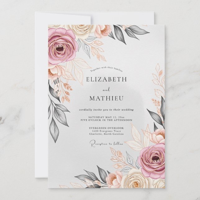 Convite Casamento Romântico e Elegante em Rosa Desbotado (Frente)