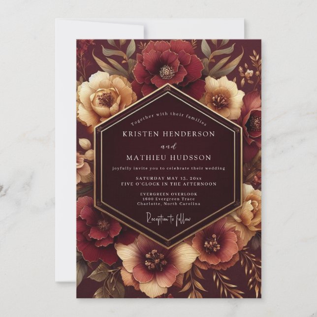 Convite Casamento Romântico e Sombrio com Floral Borgonha (Frente)