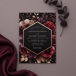 Convite Casamento Romântico e Sombrio com Floral Borgonha