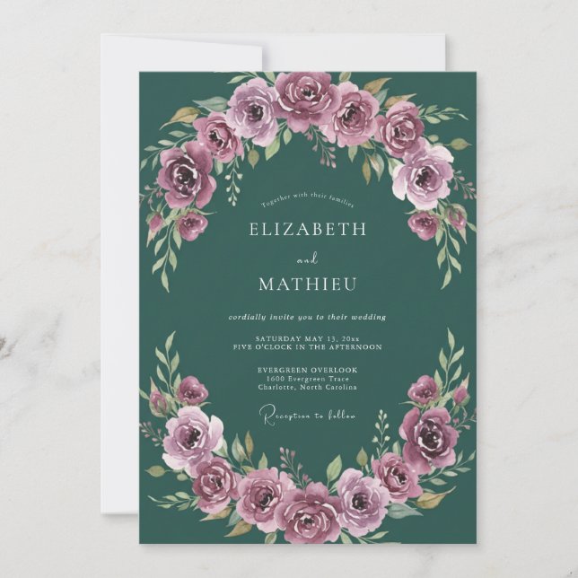 Convite Casamento Romântico e Sombrio Verde Esmeralda (Frente)