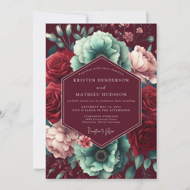 Convite Casamento Romântico e Temperamental Burgundy Bloom (Frente)