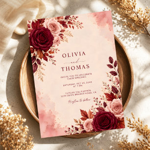 Convite Casamento Romântico Elegância em Aquarela Burgundy