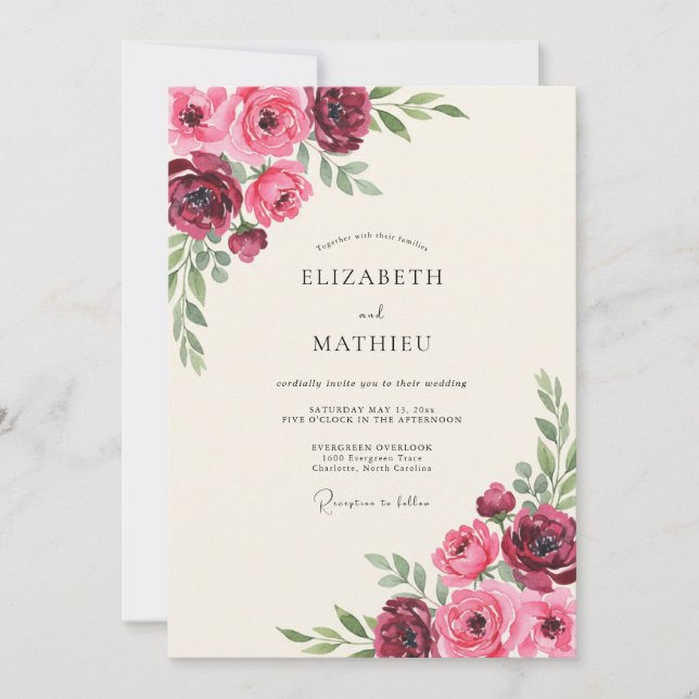 Convite Casamento Romântico Elegante Borgonha (Frente)
