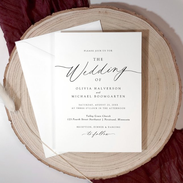 Convite Casamento Romântico Elegante Caligrafia Delicada (Delicate calligraphy adds a romantic touch to this modern minimalist wedding invitation.)