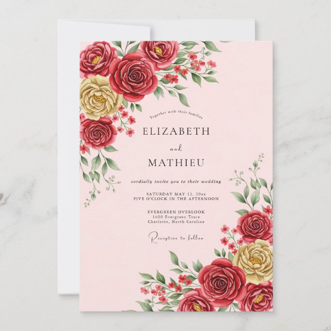 Convite Casamento Romântico Elegante Carmesim (Frente)