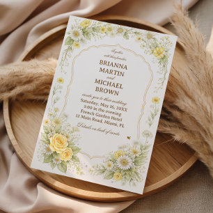 Convite Casamento Romântico Elegante com Florais Amarelos