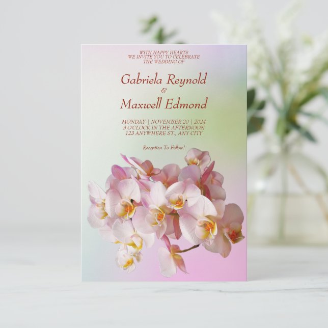 Convite Casamento Romântico Elegante Rosa White Orchids (Em pé/Frente)