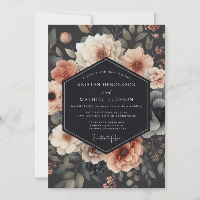 Convite Casamento Romântico em Flor Charcoal (Frente)