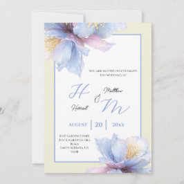 Convite Casamento Romântico em Jardim com Azul Poeirento e