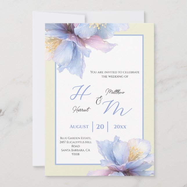 Convite Casamento Romântico em Jardim com Azul Poeirento e (Frente)