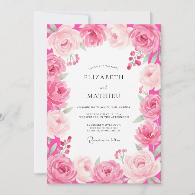 Convite Casamento Romântico em Rosa Quente Florido (Frente)