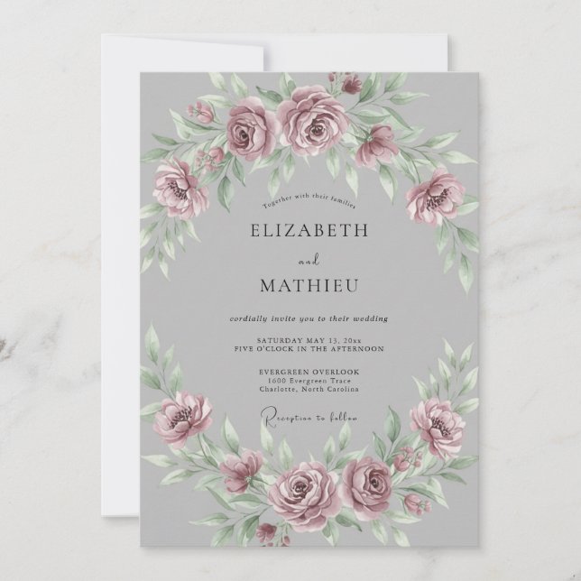 Convite Casamento Romântico em Tons de Cinza e Rosa Malva  (Frente)