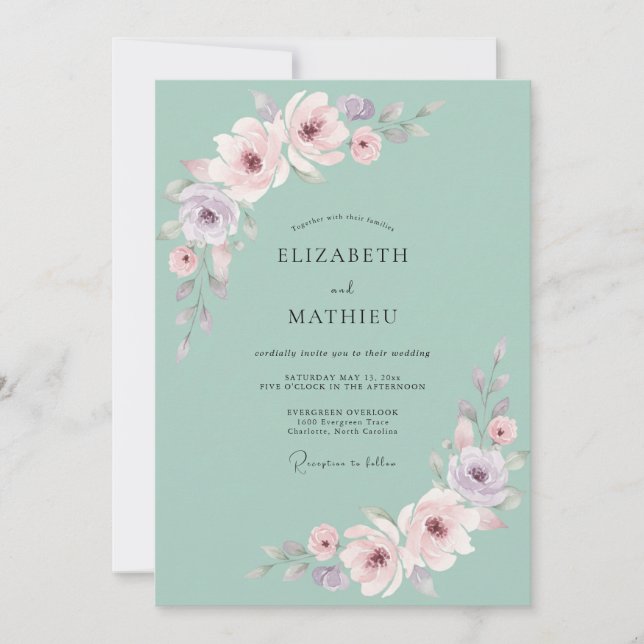 Convite Casamento Romântico em Verde Menta com Aquarela (Frente)